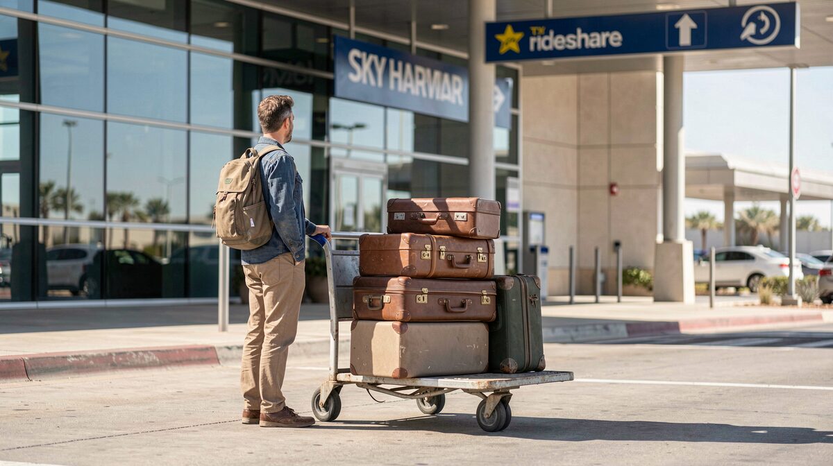 A traveler stands beside a baggage cart at the Sky Harbor curb at midday, three suitcases stacked on the cart, the terminal glass behind and a rideshare sign overhead in hard desert light.
