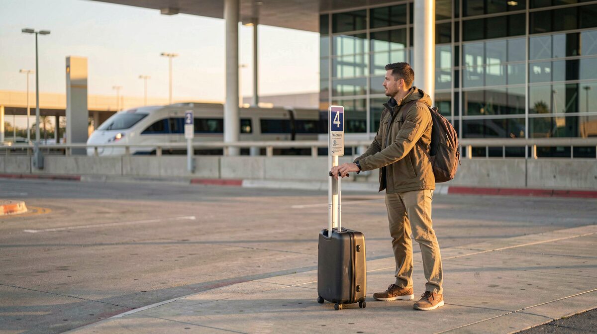 A traveler with a rolling suitcase stands at a numbered ride share post on the outer curb of Terminal 4 at Phoenix Sky Harbor, late afternoon sun on the concrete, the terminal glass and the Sky Train track visible behind, shot from eye level.